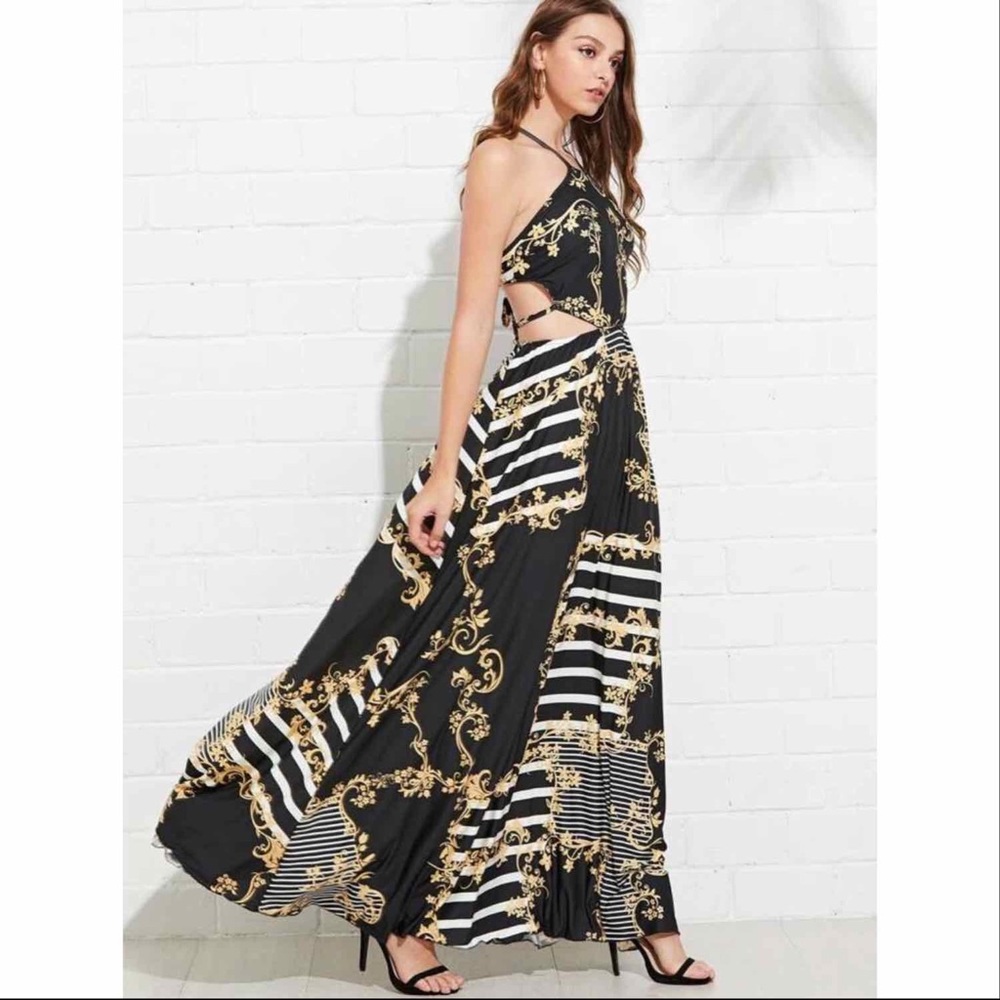 SHEIN Mixed Print Flare Halter Dress